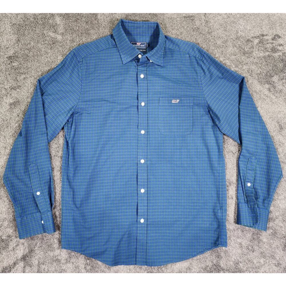 Vineyard Vines Shirt Mens Medium Blue Green Plaid Performance Tucker Classic Fit
